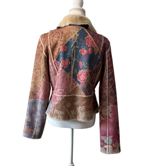 Patchwork Womens Jacket With Faux Shearling Collar & Button Closure Size Small - Picture 3 of 12